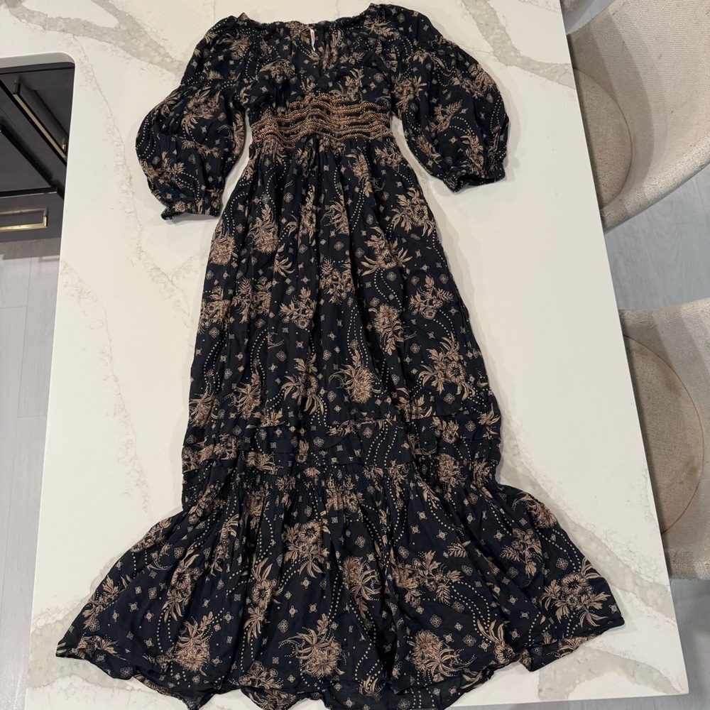 Free People Golden Hour Smocked Bodice Cotton Maxi Dress Women’s XS Black/Beige - Picture 5 of 15